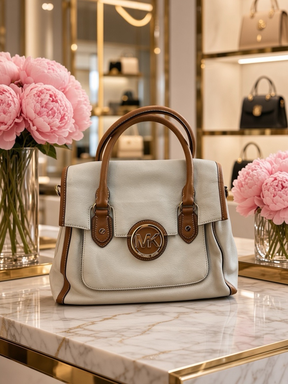 MICHAEL KORS Cream Leather Satchel with Brown Trim